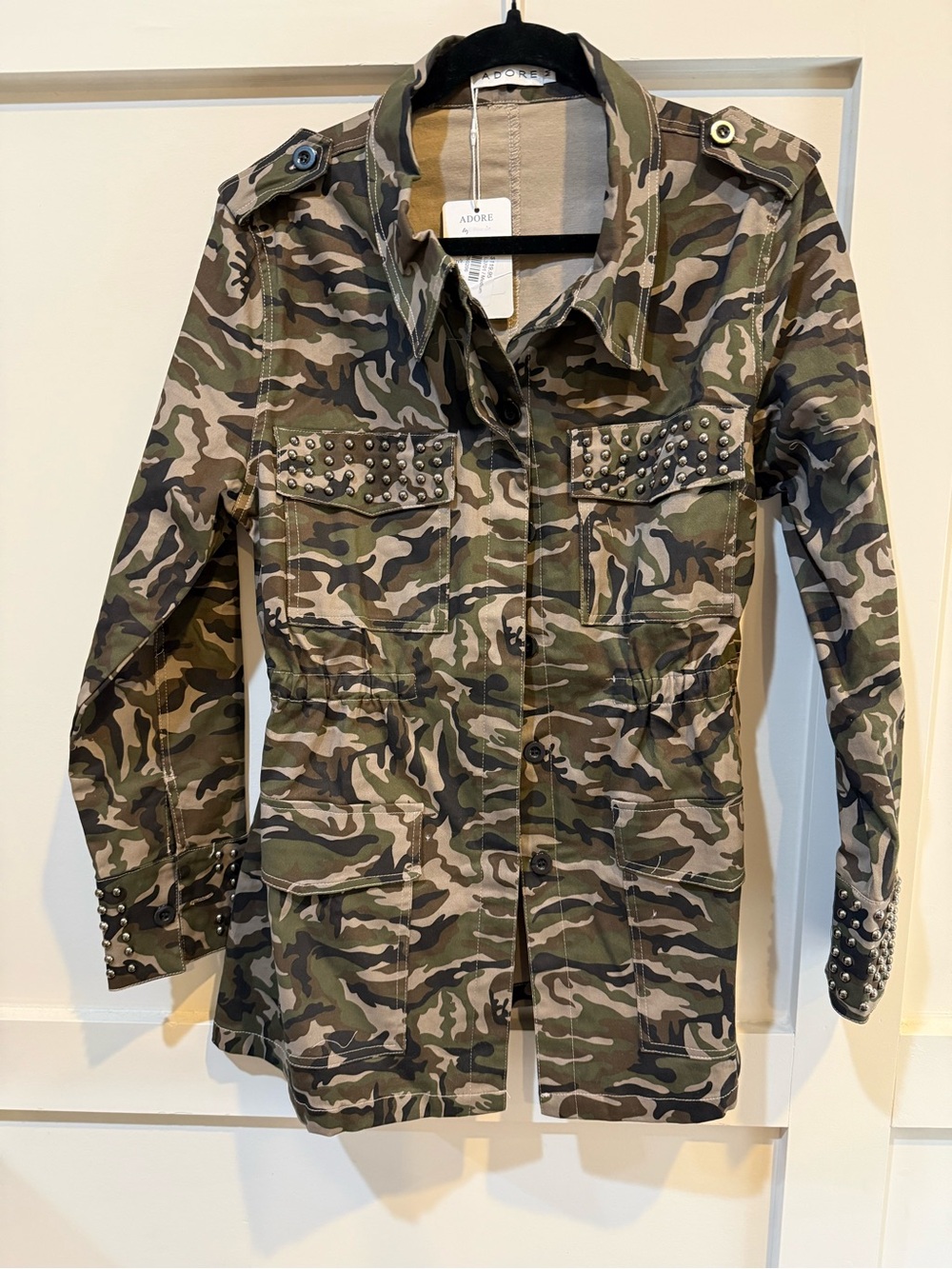 Adore Women's Camouflage Studded Utility Jacket - Olive/Tan